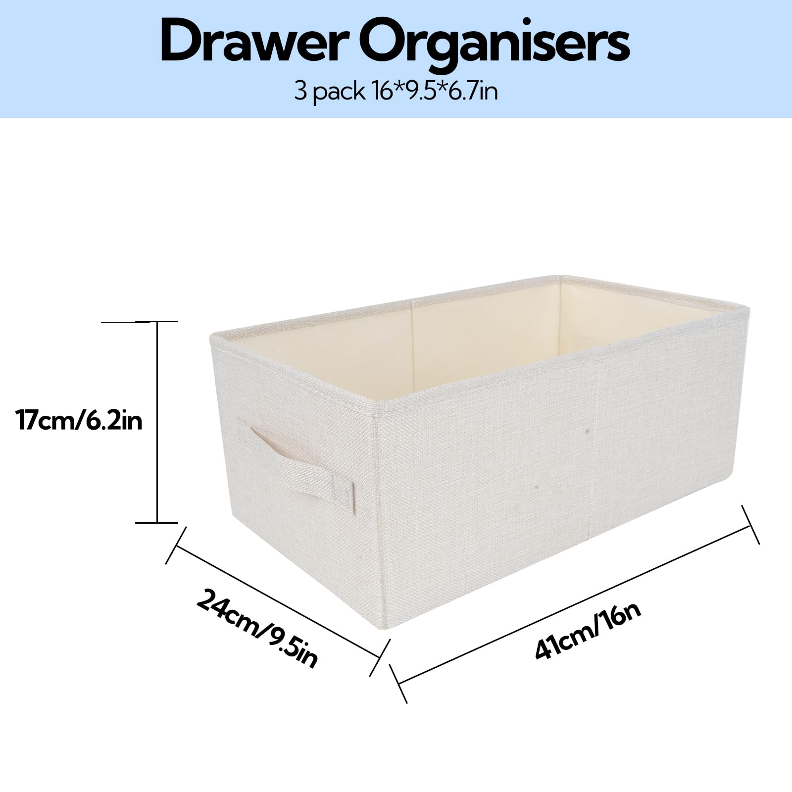 Drawer Organisers 3 PCS Fabric Storage Boxes Wardrobe Organizer Foldable Drawer Dividers Box Bins with Handles for Clothes Closet Shelves Organiser Bras Socks Underwear Ties Scarve Toys Handkerchiefs - Image 3