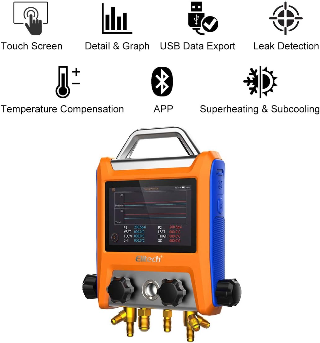 Top Brands Elitech EMG-40V Intelligent HVAC Digital Manifold Gauge Four Port with Vaccum Sensor Thermometer Clamps Hoses Super Cheap 🛒 Elitech EMG-40V Intelligent HVAC Digital Manifold Gauge Four Port with Vaccum Sensor Thermometer Clamps Hoses