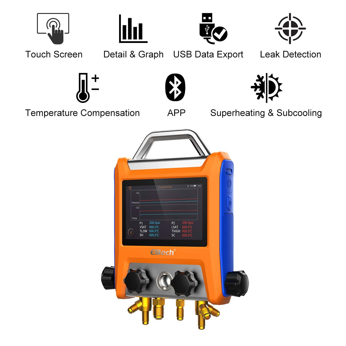 Elitech EMG-40V Digital Manifold Gauge highlighting key features
