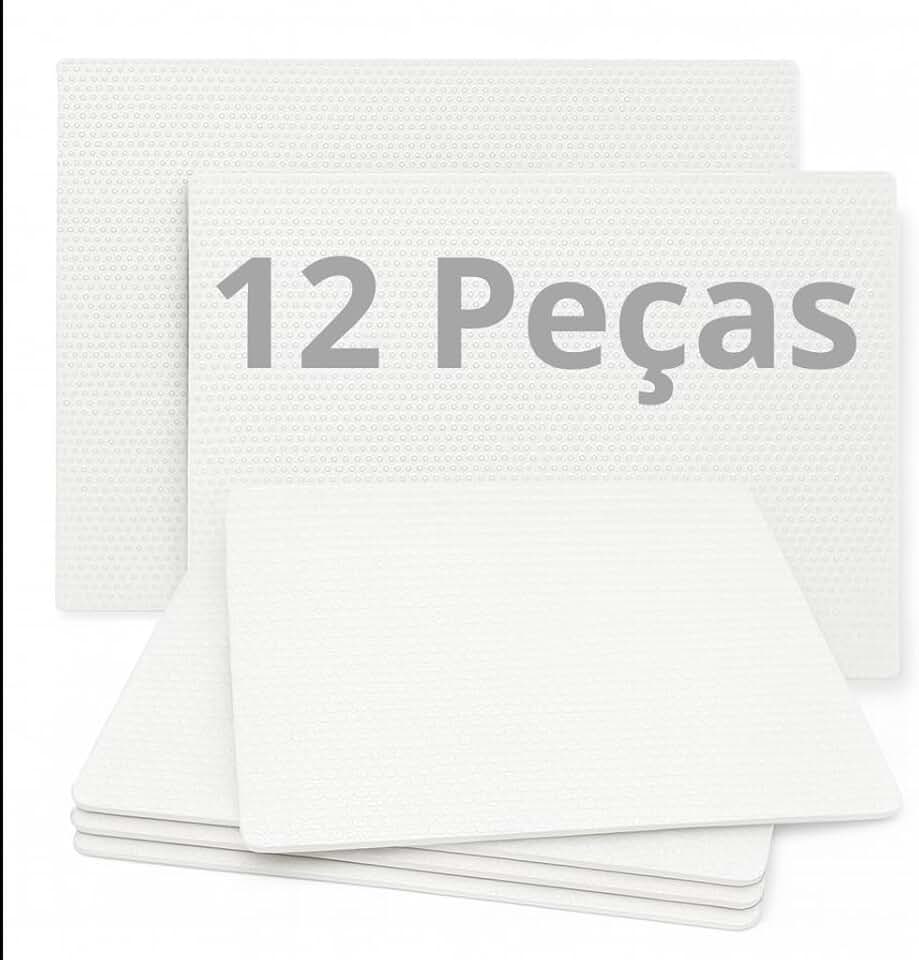 Kit 12 Tapete Protetor EVA para Prateleira e Gaveta 45×30 cm – Branco, Antiderrapante, Impermeável, Lavável e Ajustável para Geladeira, Armários e Organização (12)