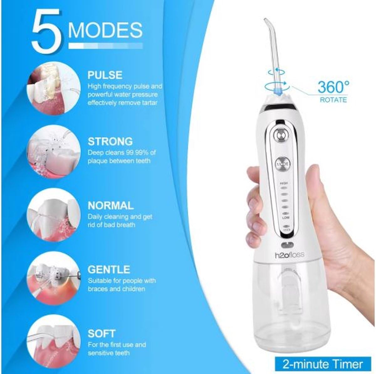 Hali-Q - Idropulsore senza fili, irrigatore orale portatile, 5 modalità di pressione (40-140 psi), serbatoio dell'acqua da 300 ml, 5 ugelli, ricaricabile tramite USB, impermeabile IPX7, sistema a