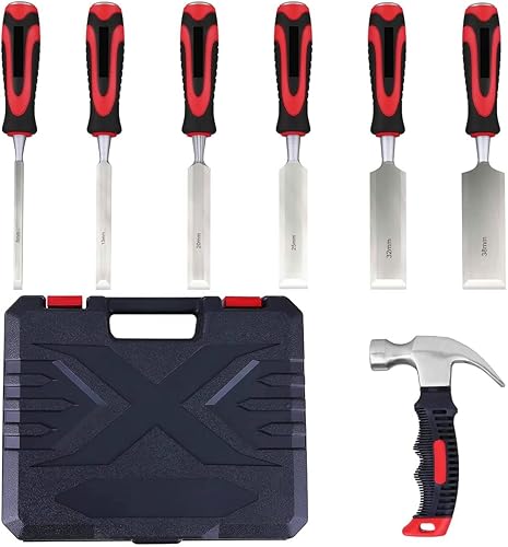 Miniatura 1 de Juego de cinceles de madera, juegos de carpintería profesionales, 6 piezas de cincel de madera de acero al carbono 55# con 1 martillo de garra,