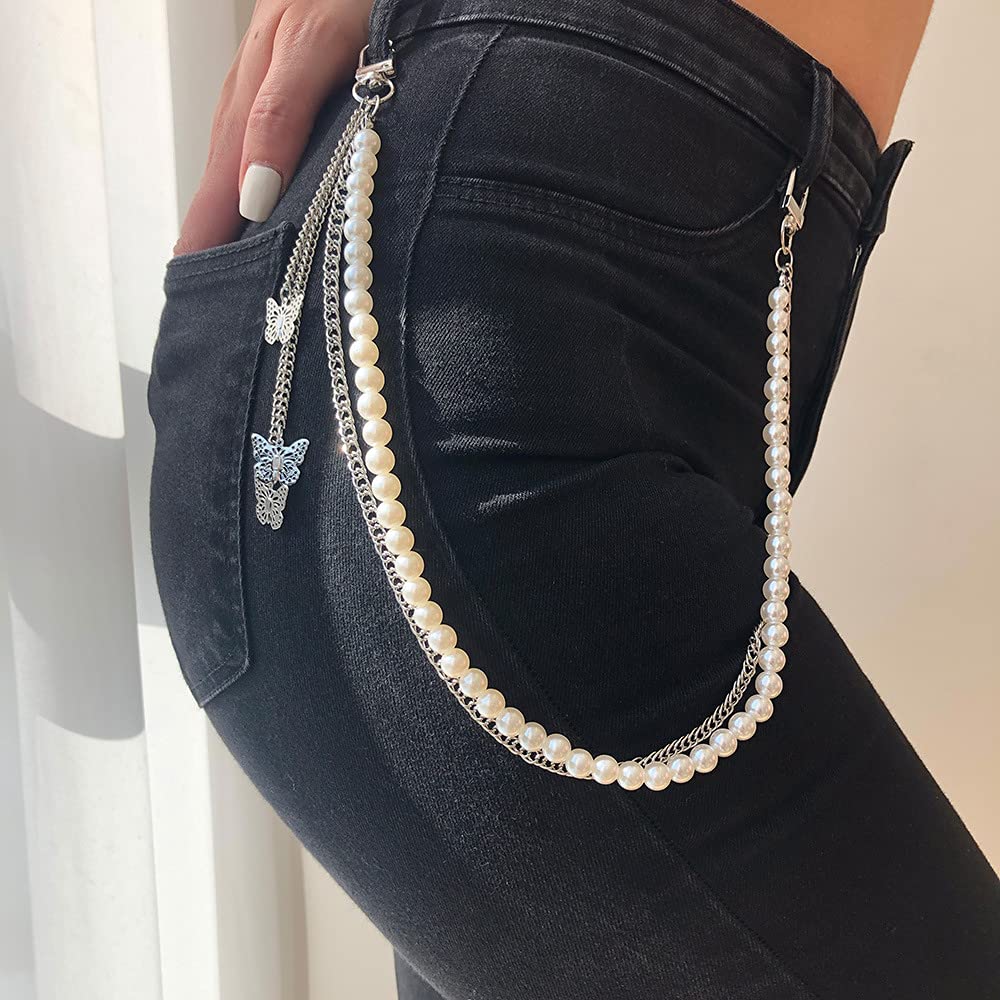 WiwparPunk Trouser Chain Pocket Chain Pearl Butterfly Jean Pants Belt Chains Waist Belly Body Chain Silver for Women
