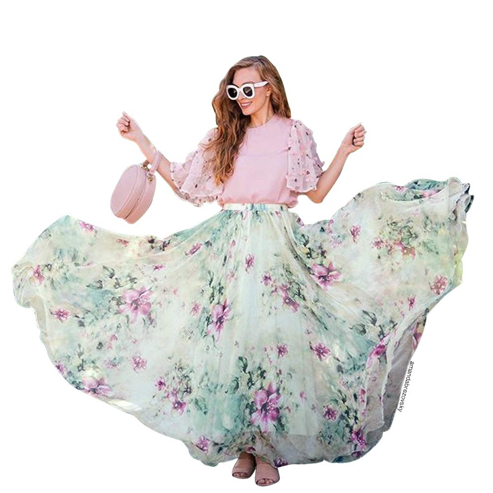 CHICWISH Damen-Maxirock aus Chiffon mit Aquarell-Blumenmuster, fließender Schnitt