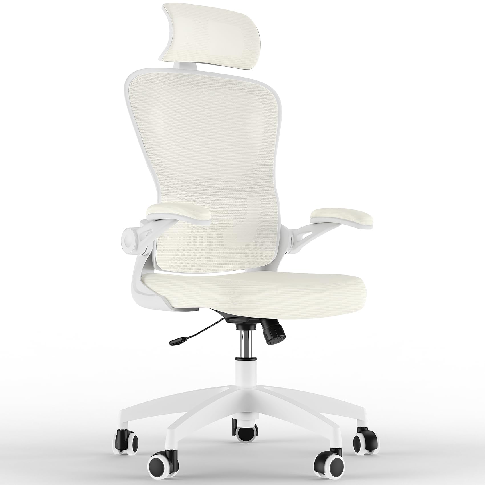 Feonase Ergonomic Office Chair with Adjustable Headrest and Lumbar Support, Mesh Back, Flip-up Armrests and Rocking Function – Swivel Desk Chair for Home Office, Study, Gaming,Beige/White