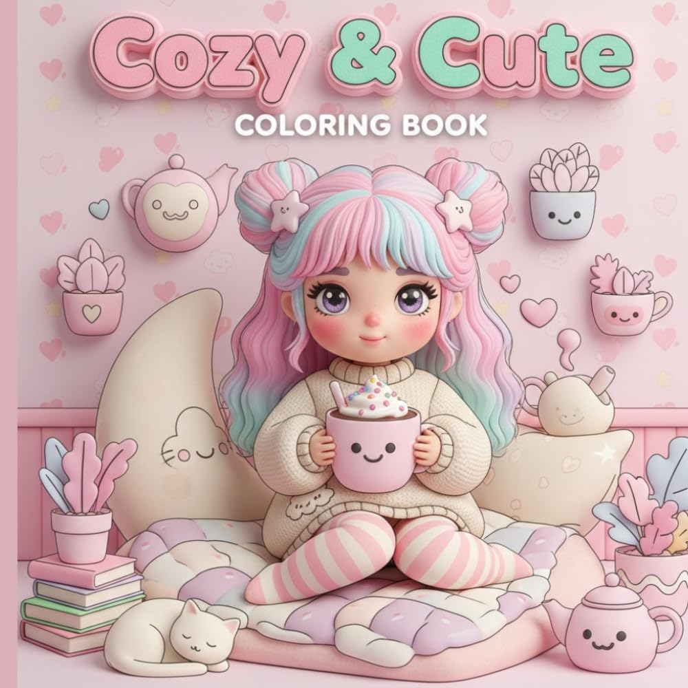 Cozy & Cute Coloring Book for Kids: 53 Adorable Kawaii Coloring Pages featuring cute animals, cozy rooms, sweet treats, and relaxing patterns for ... 8–12, with bold and easy-to-color designs.