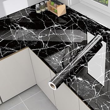 JRM Vinyl Marble Wallpaper Peel and Stick Waterproof Wallpaper for Home Kitchen Countertop Cabinet Furniture Oil Proof Kitchen Stickers (1, Black 60X200) - image, photos