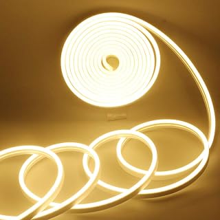 YM E-Bright LED Neon Strip Lights, 16.4ft 600SMD Warm White Waterproof 12V | Flexible waterproof rope suits signs, bars, kitchens, bedrooms, parties, and outdoor decor; power supply not included.
