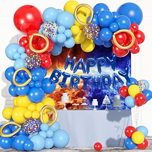 123Pcs Red Yellow Blue Balloons Garland Includes Foil Confetti Mixed Sizes Latex Balloon for Birthday Decorations, Baby Shower, Carnival, Circus, Party Supplies, Backdrop Decor