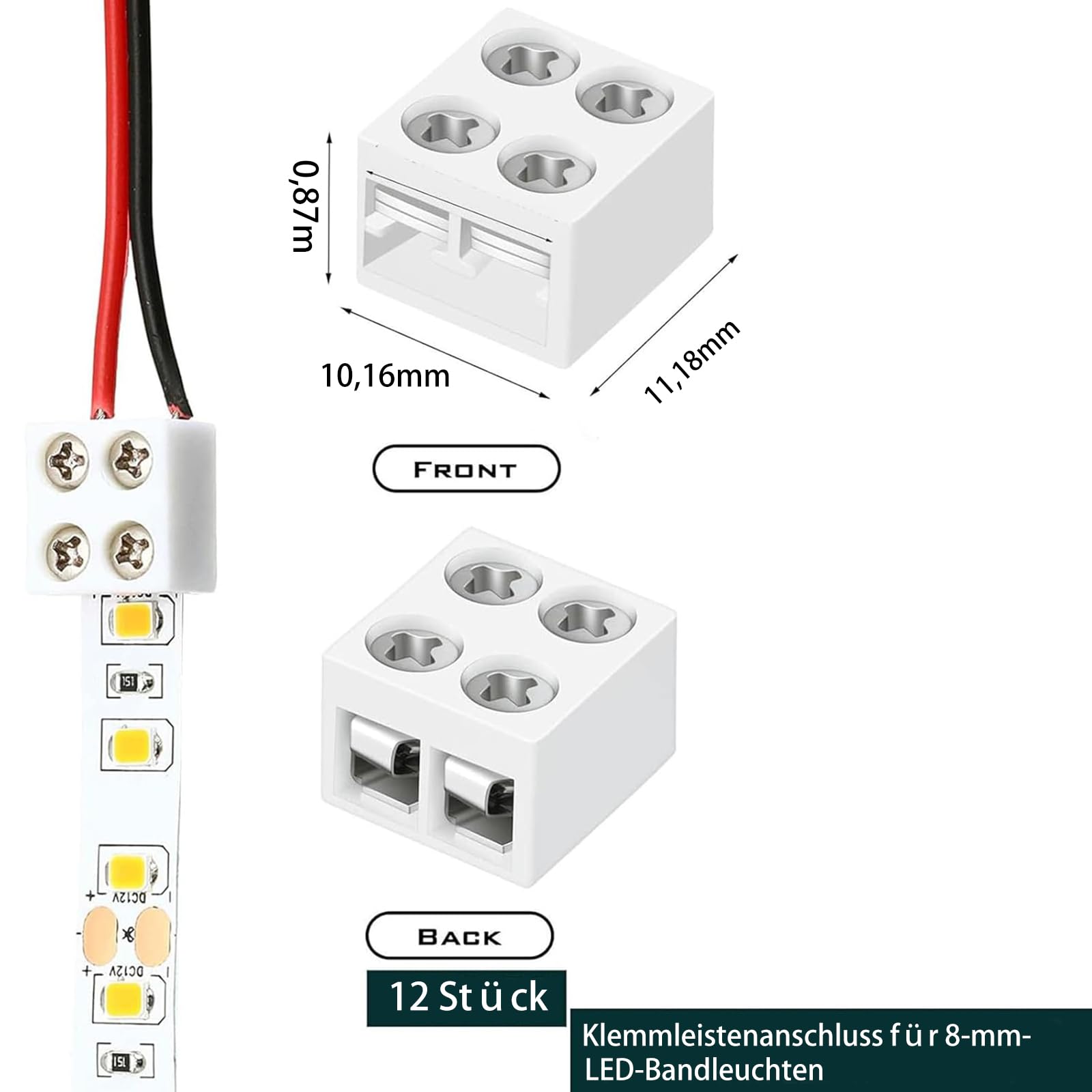 12 connettori LED a 2 poli. Terminali di collegamento a vite per stringere striscia LED al filo 2 poli 8 mm senza saldatura per strisce LED SMD 5050 3528 COB