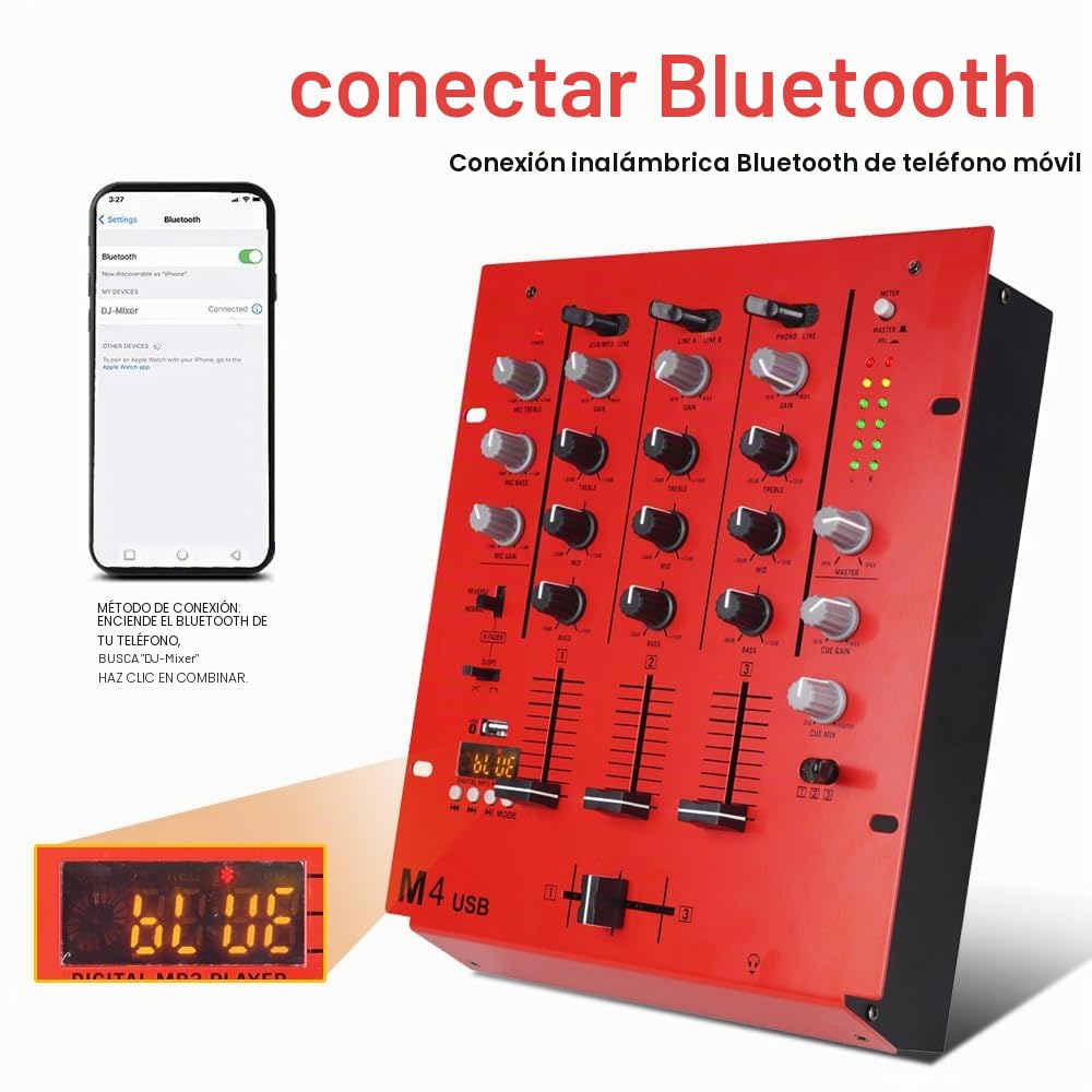 Mezclador de DJ de 4 canales M4 (rojo), mezclador de audio con Bluetooth y USB, crossfader, ecualizador de 3 bandas, control de ganancia y función de monitor de señal, tablero de sonido