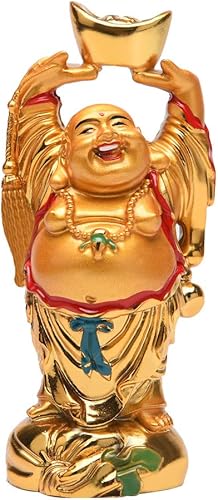 Miniatura 1 de BRABUD Resina Feng Shui Golden Laughing Buddha sosteniendo lingote estatua riqueza suerte decoración de oficina en casa regalo coleccionable 4.7 ''