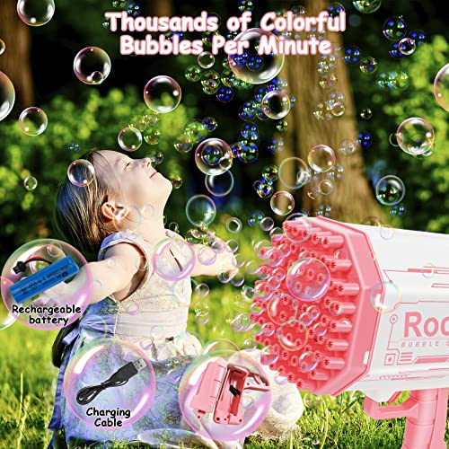 69 Holes Bubble Machine Gun With Lights & Bubble Solutions, Bubble Gun Bubbles Maker Blaster Blower For Toddlers Boys Girls Age 3 4 5 6 7 8 9 10 Year Old, Toy Gift For Birthday Wedding Party -Pink #TOP3