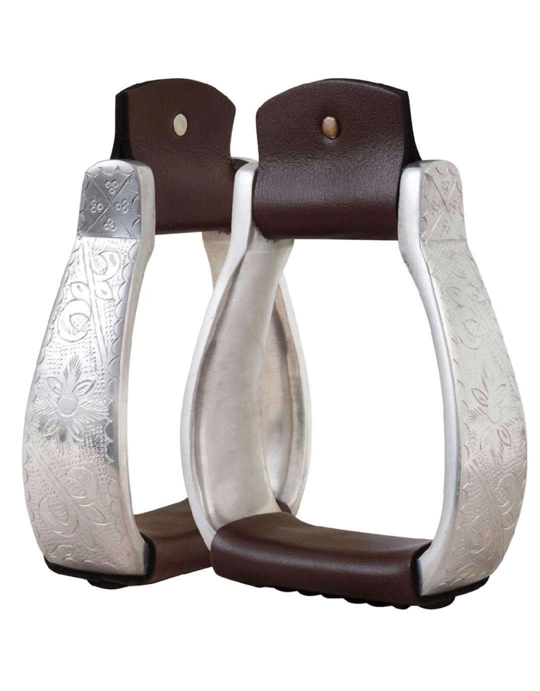 Black Brown Leather Engraved Horse Riding Western Saddle Stirrups Stainless Steel (Brown)