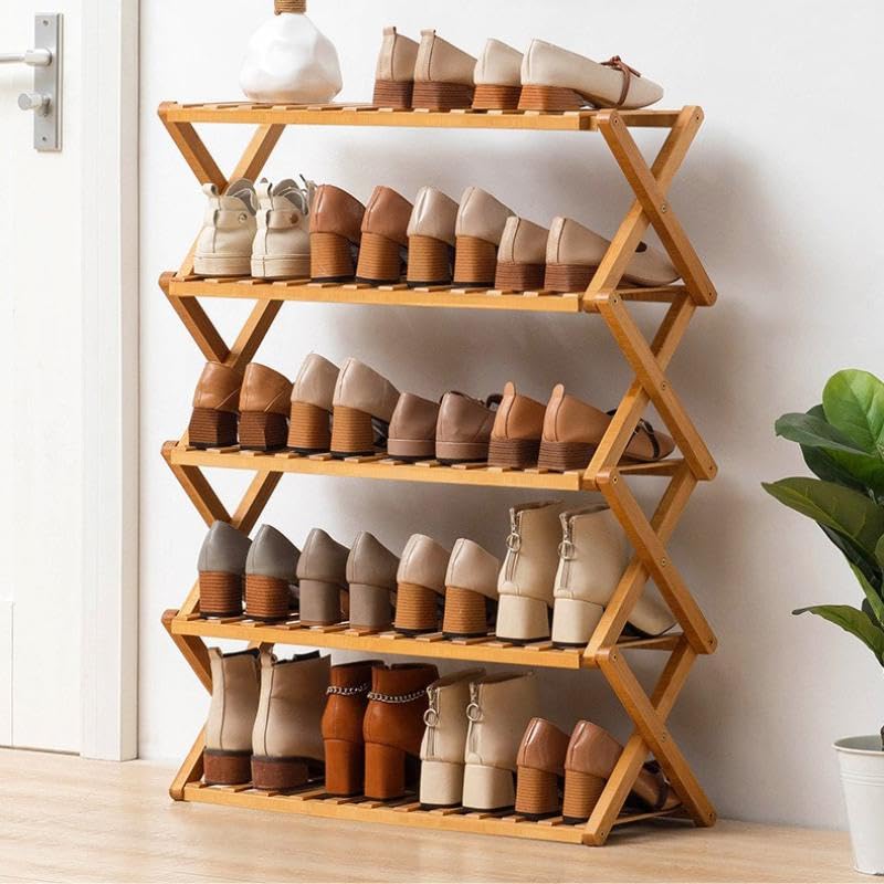Gelory Bamboo Folding Shoe Rack,Portable Wooden Shoe Storage Rack,Without Installation Small Shoe Rack Perfect for Corridors, Bedrooms and Small Spaces (Primary-5 Tier)