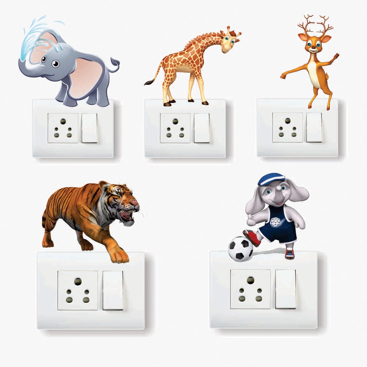 AH Decals Amazing Animal Cartoon 3D Wall Switch Board Vinyl Stickers (Multicolor, Set of 5)