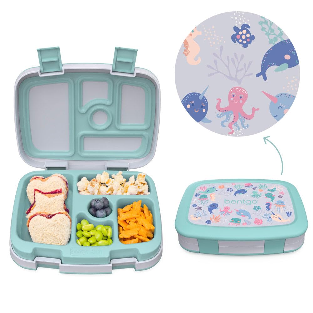 Bentgo® Kids Prints Leak-Proof, 5-Compartment Bento-Style Kids Lunch Box - Ideal Portion Sizes for Ages 3 to 7 - BPA-Free, Dishwasher Safe, Food-Safe Materials - 2023 Collection (Sea Life)