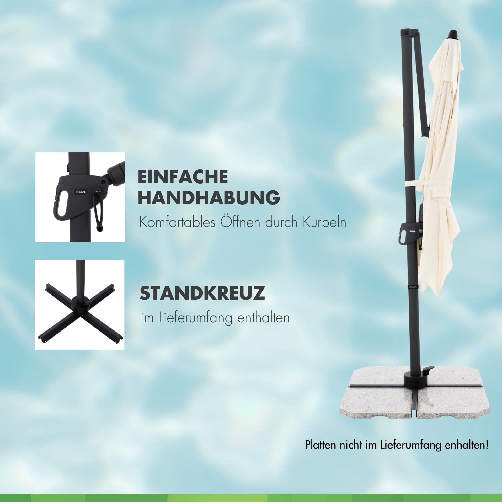 Doppler Style Sonnenschirm für den Garten | Ampelschirm 220 x 300 cm in Natur | um 360° drehbar | Sonnenschirm groß mit Standkreuz | neig- und schwenkbarer Pendelschirm für Garten & Terrasse