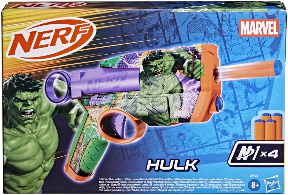 Nerf Marvel Hulk Dart Blaster | 4 Nerf N1 Foam Darts | Hulk-Inspired Blaster Skin Designs | Kids Gifts |Outdoor Toys & Games for Ages 8+ (Amazon Exclusive)
