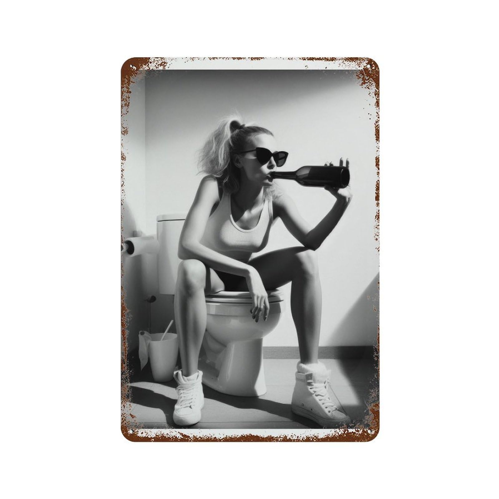 xiaoxiaoshen Girl Sitting on Toilet Woman Smoking And Drinking Beer, Black White Wall Decor Art Metal Tin Poster Modern Home Decor Art Home Bar Shop Decorations Vintage Sign 30x20cm