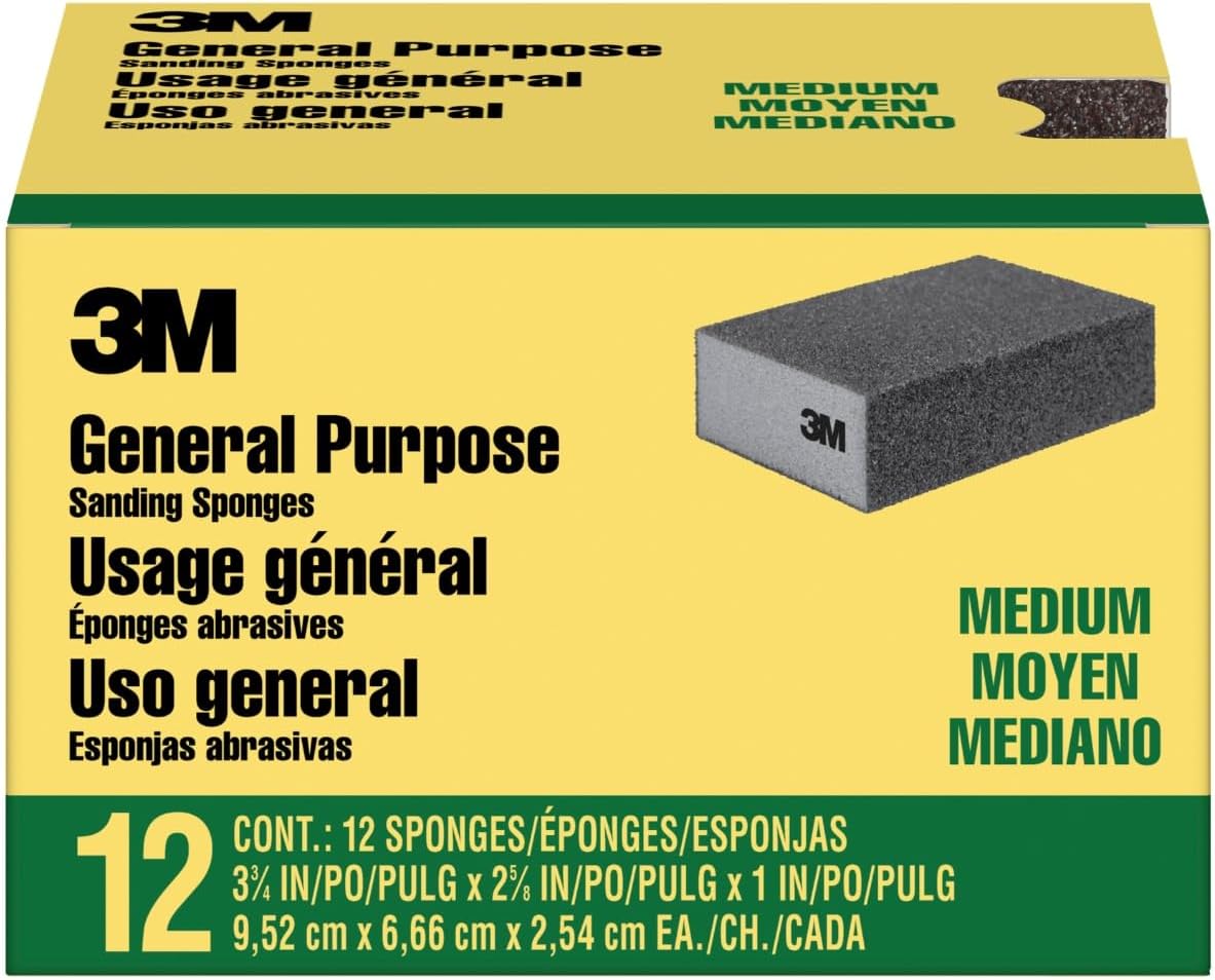3M Sanding Sponge Block, 12-Pack, Medium Grits, 3-3/4 in x 2-5/8 in, Designed For Sanding Wood, Paint, Metal, Plastic or Drywall, Features 3M Abrasive, Made with Durable Flexible Foam (CP002-12P)