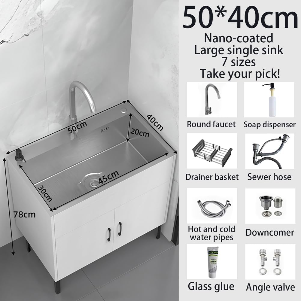 19.6-31.5In Stainless Steel Laundry Sink,with Cabinet Utility Tub with Draining Basket,Freestanding Deep Sink,with Hot And Cold,for Utility Room,Kitchen,Bathroom,Garage,White,50 * 40 * 78cm