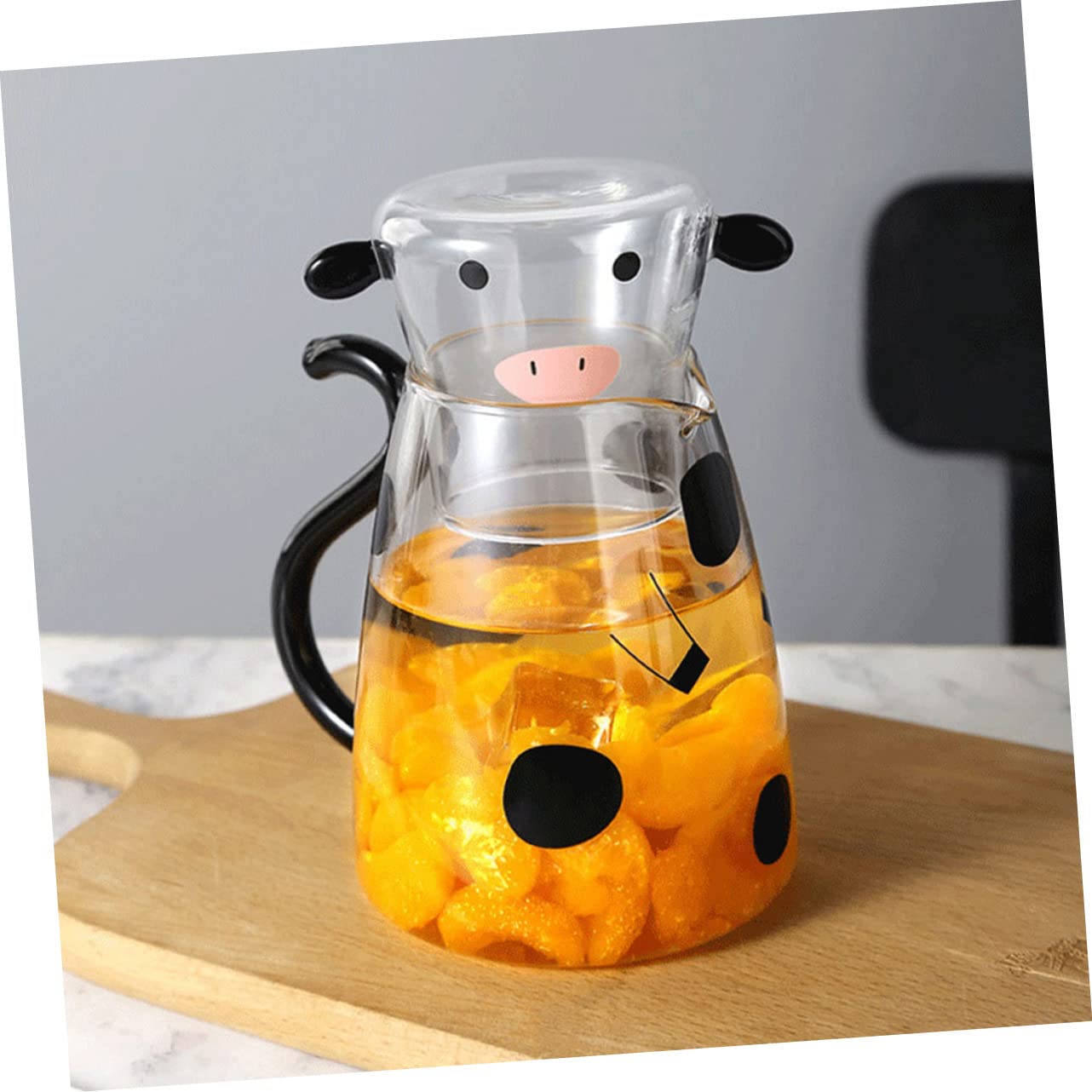 SOLUSTRE Kaltwasserkrug Glas mit Kuhmotiv Glasbecher als Deckel Hitzebeständig für Zuhause Büro Karaffe Großer Wasserspender für Tee Saft Milch
