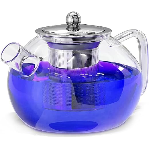 BLUE TEA Round Glass Teapot Kettle with Stainless Steel Infu