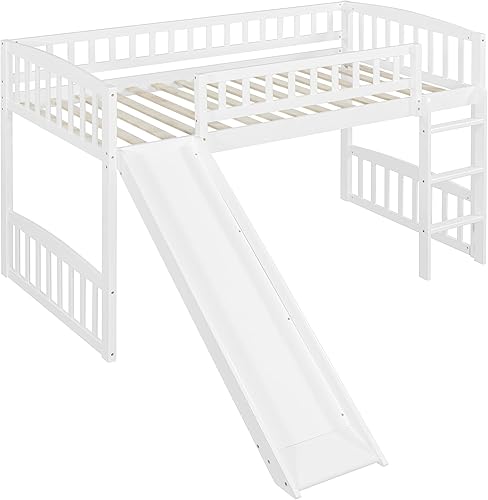 Miniatura 5 de Cama baja de tamaño individual con tobogán y escalera, marco de cama de madera para niños y niñas, color blanco