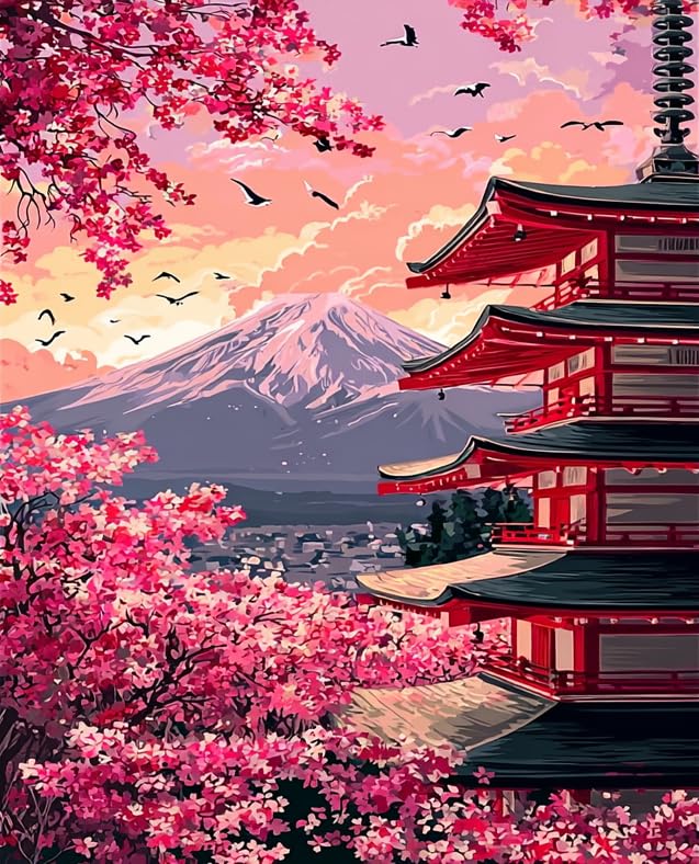 Mount Fuji Paint by Number for Adults,Flower Painting Kits for Beginner