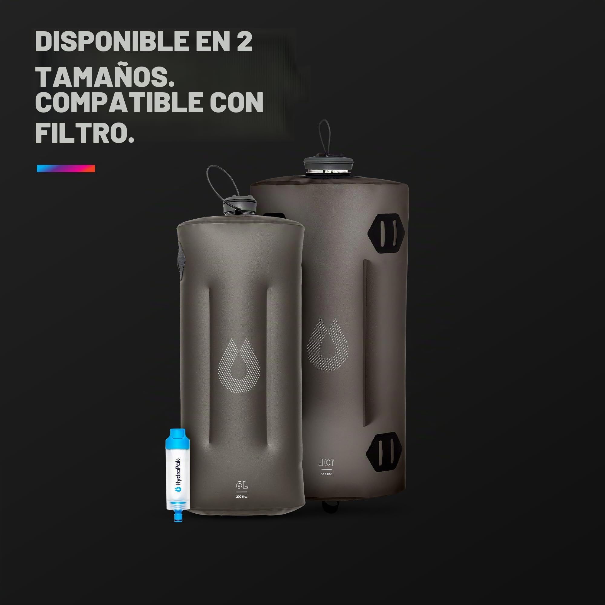 Hydrapak Seeker - Bolsa de Agua Plegable (10 L), sin BPA ni PVC, Color Gris