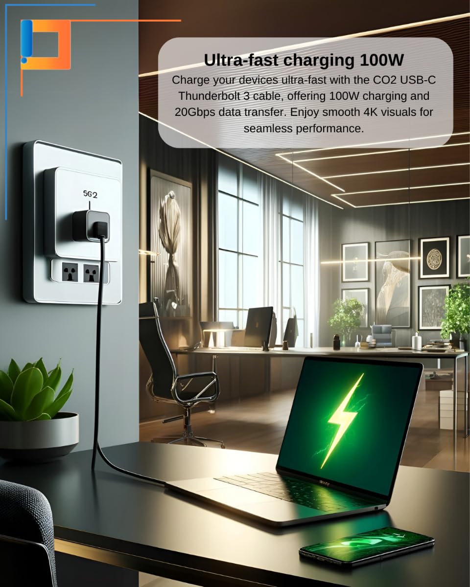 CO2 Kabel USB-C Thunderbolt 3.0, Ultra szybka transmisja danych 20 Gb/s, Obsługuje 4K/60 Hz, Szybkie Ładowanie 100W (5A), Aluminium Space Grey, Kompatybilny z iPhone, MacBook, iPad Pro, USB typ C (2m)