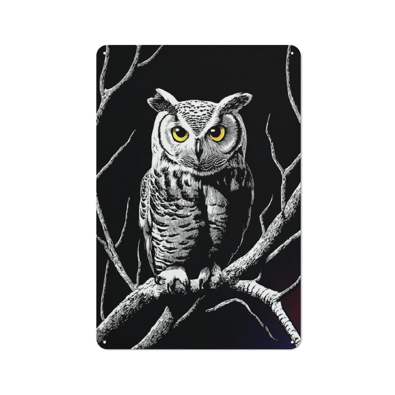 Metal Sign 30x20cm with Nighttime Owl Perch Illustration for Hallway Wall, Rustic Decor, for Wall Display Collectors