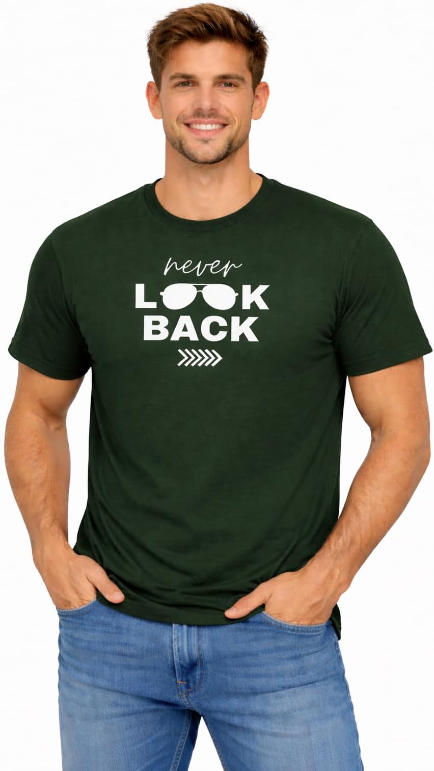 Men’s Cotton Graphic T-Shirt with Never Look Back Print | Motivational Quote Casual Tee | Regular Fit Round Neck Everyday Wear