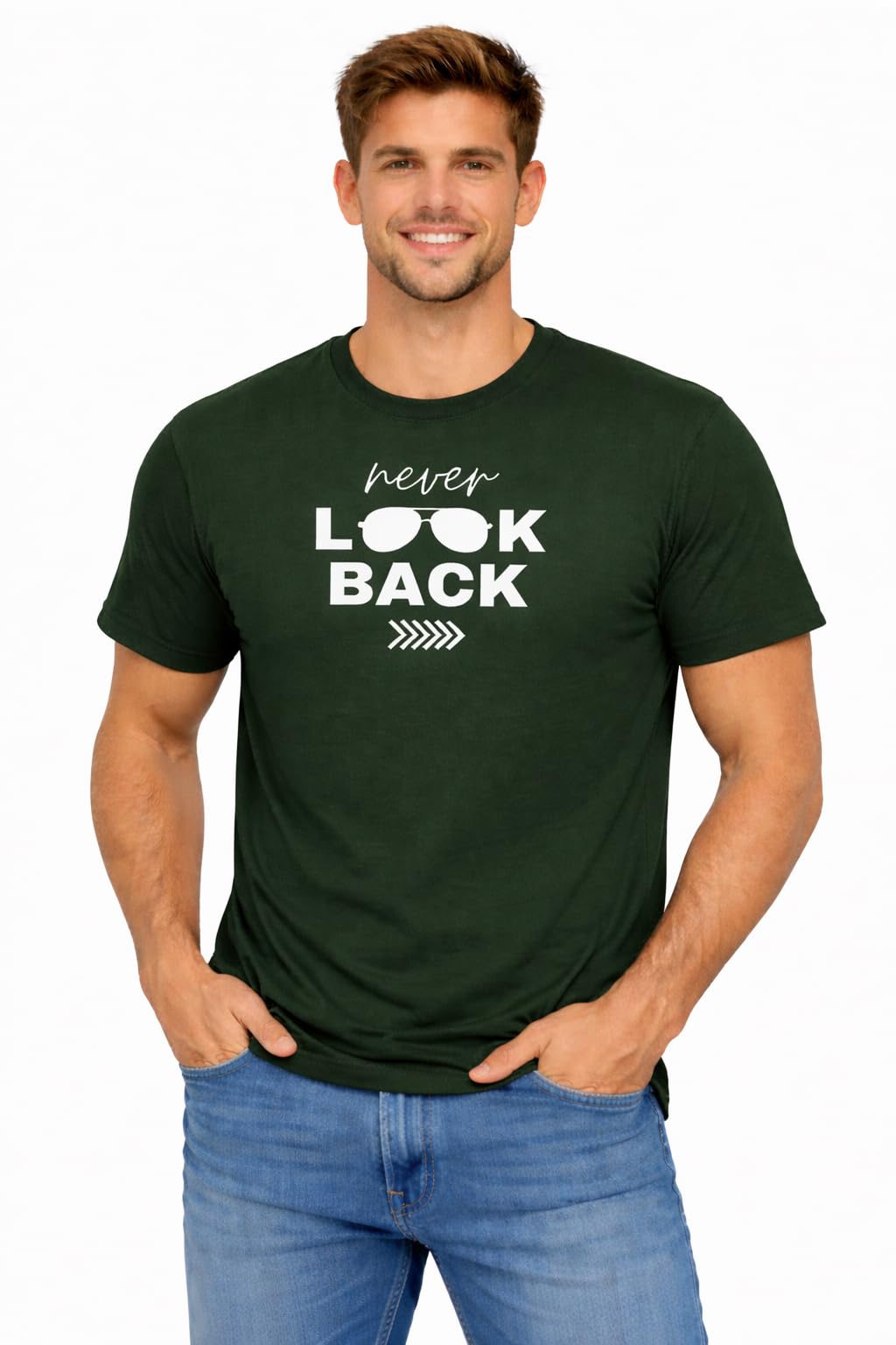 Men’s Cotton Graphic T-Shirt with Never Look Back Print | Motivational Quote Casual Tee | Regular Fit Round Neck Everyday Wear