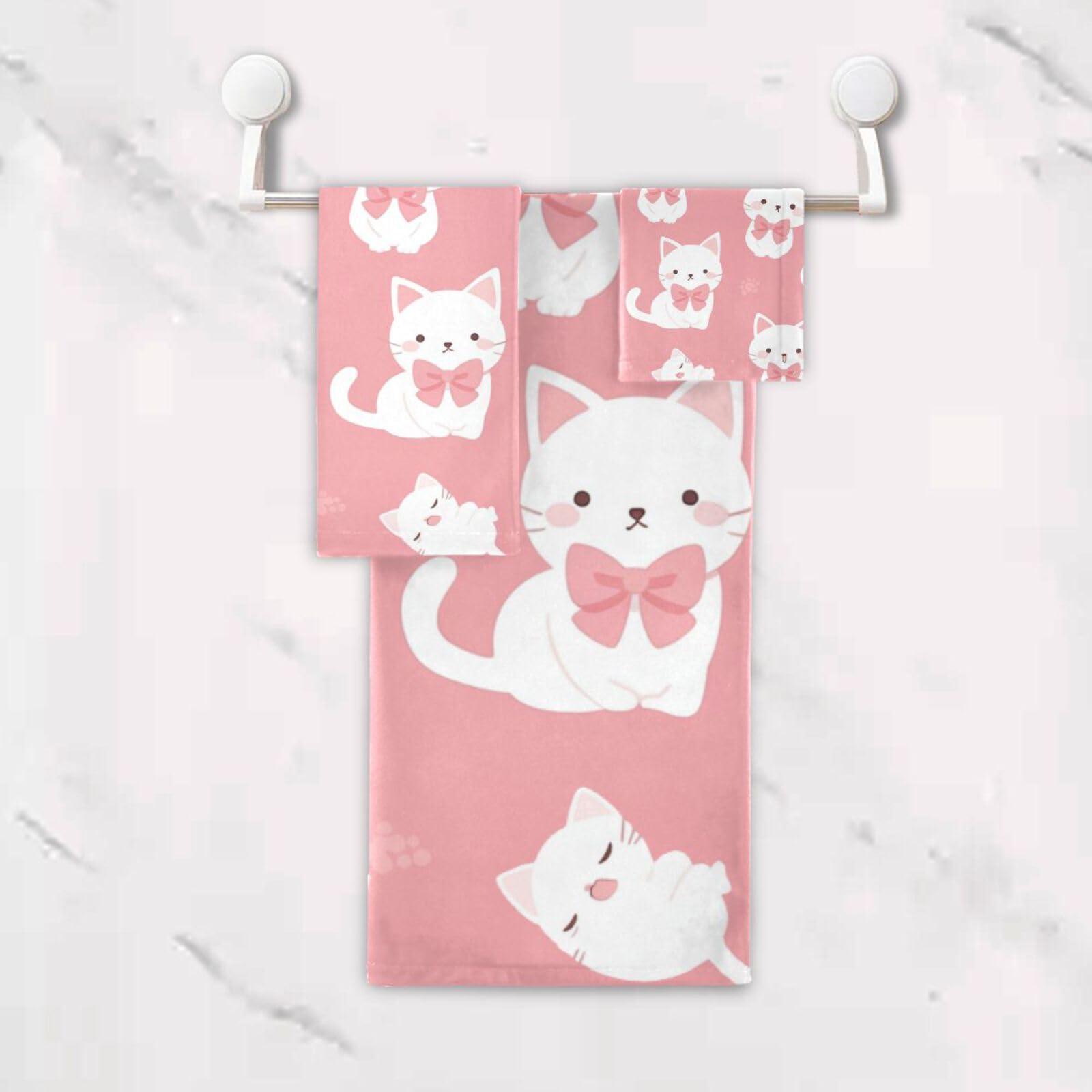 Set di 3 asciugamani per il viso con gatti bianchi carini rosa dalla testa ai piedi, 1 asciugamano da bagno, 1 asciugamano per le mani, 1 panno per il bagno e la cucina