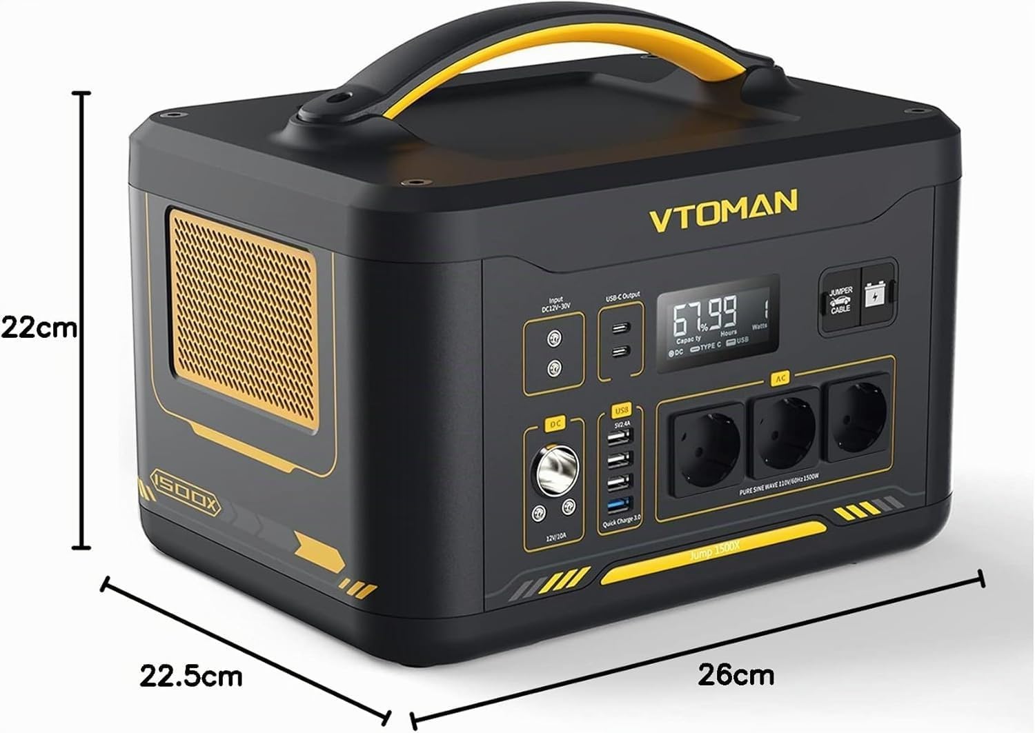 VTOMAN Jump 1500X Estación de Energía Portátil 1500W, 828Wh, USB QC 3.0 | Batería LiFePO4, Generador Solar, Salida dual PD 100W Typ-C, Capacidad Ampliable a 2376Wh para Viajes, Acampar