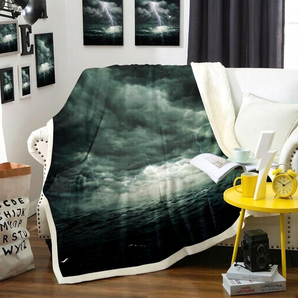 Loussiesd Lightning Print Sherpa Blanket Ocean Themed Fleece Blanket for Chair Sofa Couch Sea Adventure Fuzzy Blanket Stain Resistant Natural Phenomena Room Decor Double 60"x79" — image 1
