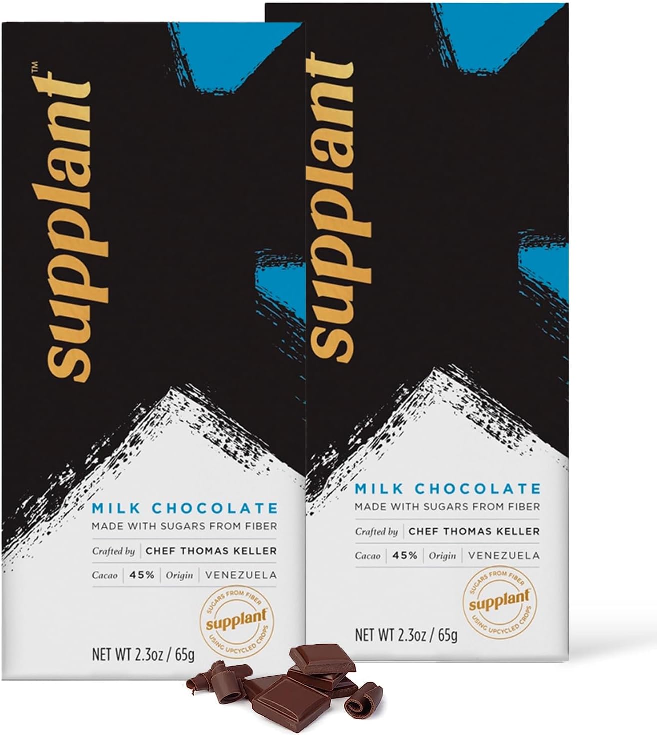SUPPLANTMilk Chocolate Bars - Premium Milk Chocolate Made with Low Calorie, Prebiotic Supplant Sugar From Fiber - Sustainable Chocolate Bars Made by Chef Thomas Keller - 2.3oz each (2 Bars Per Pack)