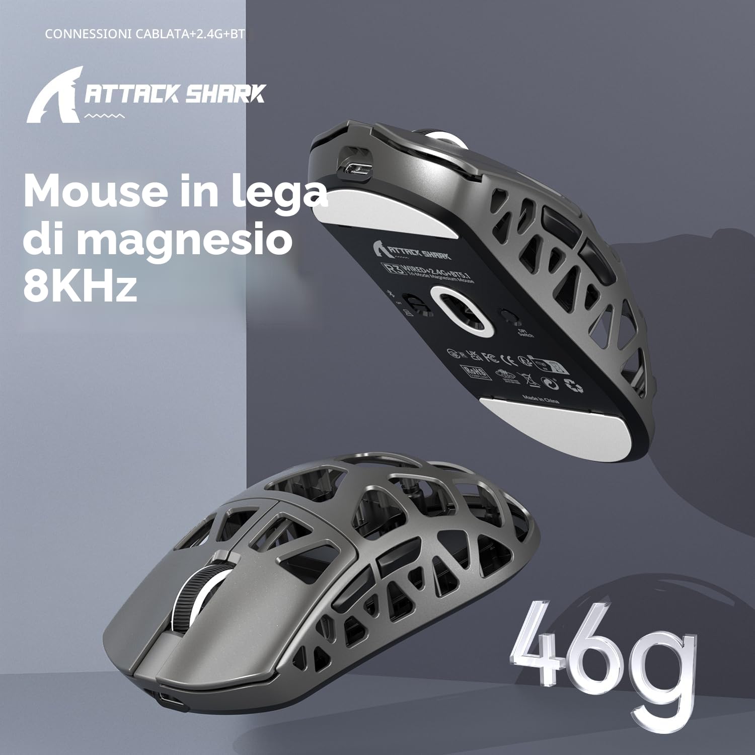 ATTACK SHARK R3 in Lega di Magnesio - Mouse Wireless 8K SUPERLIGHT 46g, Sensore di Gioco PixArt PAW3395, BT/2.4G/Wired, DPI Regolabile 26000, per Ufficio