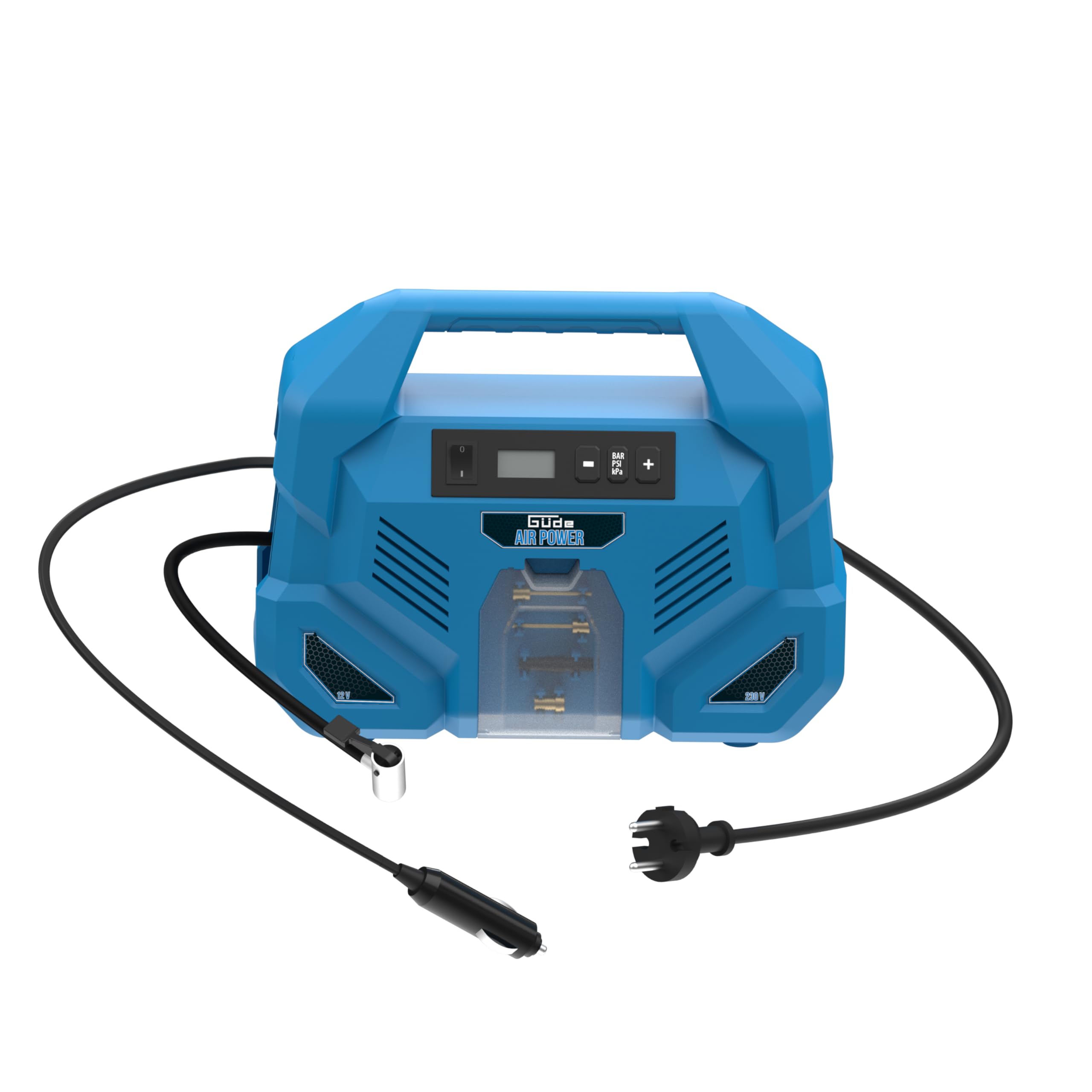 Güde Compressore Airpower Dual Drive 12/230 V/5 pezzi (150 W, max. 8 bar, 20 l/min eff. Contenuto della confezione: senza olio e manutenzione, connettore da 12 Volt e 230 Volt, display LCD, tubo