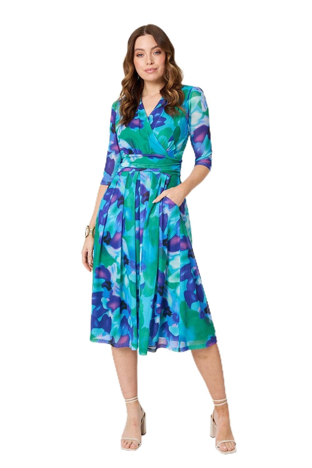 Izabel London Women's Blue Printed Short Sleeve Pleated Wrap Midi Dress In | Size: 18