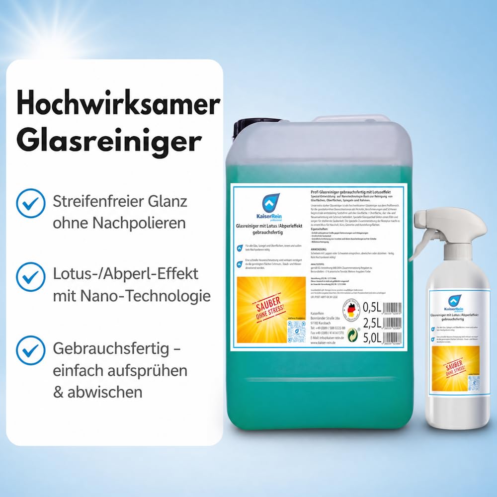 KaiserRein Profi Glasreiniger mit Lotuseffekt Spray 0,5 L Leerflasche + 5 L Kanister & Hahn Fensterreiniger gebrauchsfertig