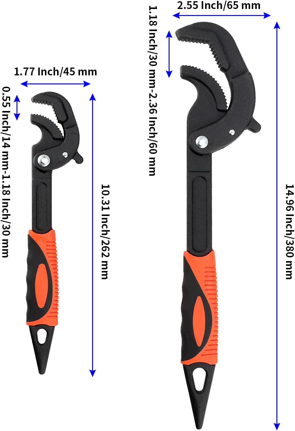 4 PCS Multi-Function Adjustable Wrench, 0.6-1.2" & 1.2-2.4" Self Adjusting Spanner Wrench, Universal Power Grip Pipe Wrench, 10 Inch and 15 Inch