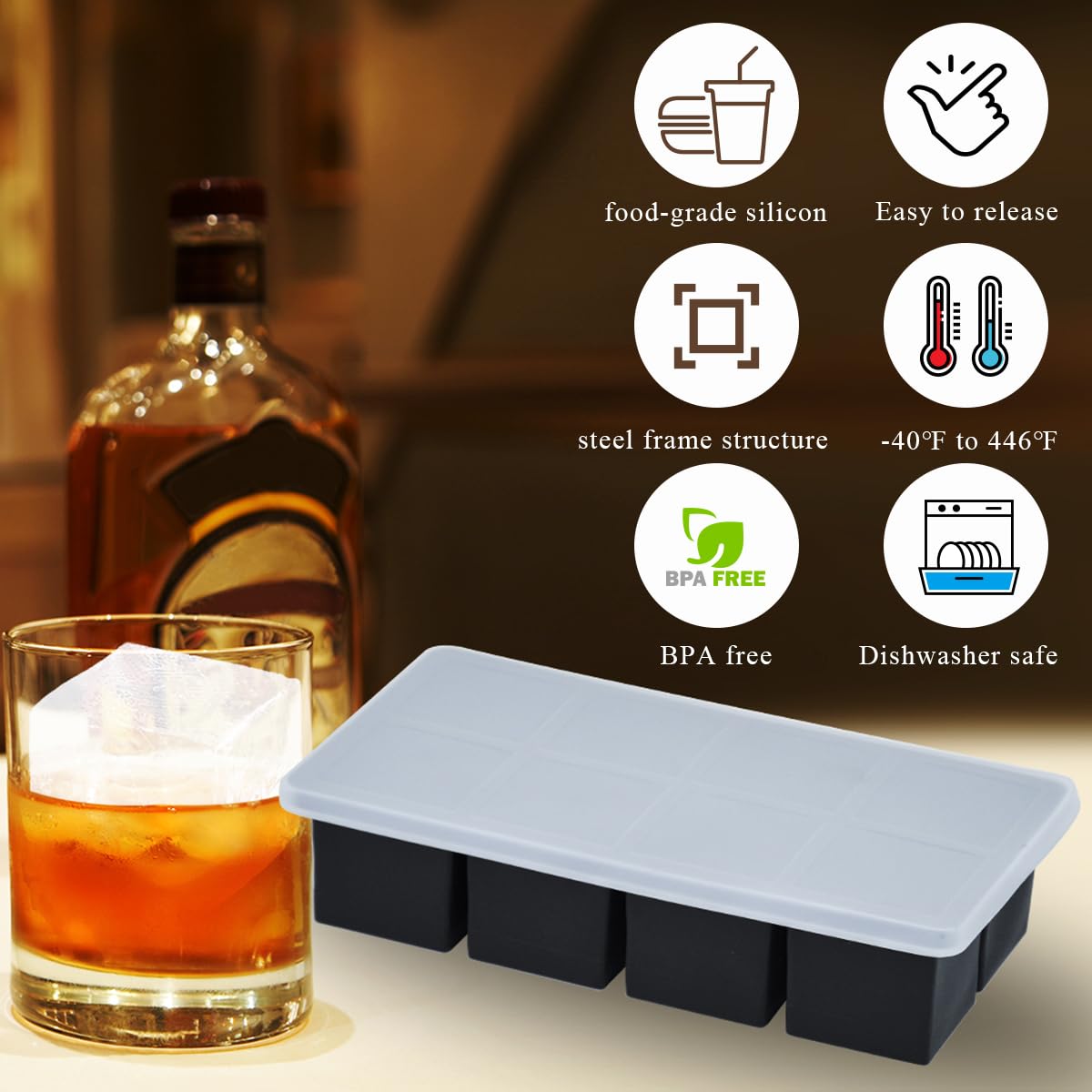 Bandejas grandes para cubitos de hielo, cubos cuadrados de 2 pulgadas, paquete de 2, moldes de silicona para whisky y cócteles
