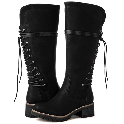 GLOBALWIN Women's Lace Up Back Knee High Fashion Boots Low Block Heel | Inner Side Zipper, Round Toe, Lug-Style Sole And Upper Buckle, For Fall Outfits And Dry-Weather Winter Styling