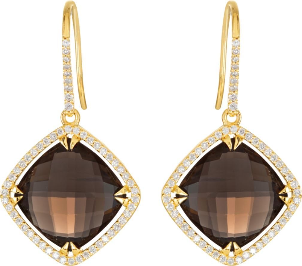 Antique Cushion 31.5 Ctw Smoky Quartz, Diamond Halo 14k Yellow Gold Earrings (.63 Cttw, Color GH, Clarity I2)