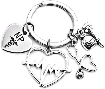 Kits Kiss NP Nurse Practitioner Keychain Nurse Practitioner Gift NP Keychain Stethoscope Syringe ECG/EKG Heartbeat Charm Nurse Student Nurse Graduation School Nurse Keyring Caduceus Medical Symbol,