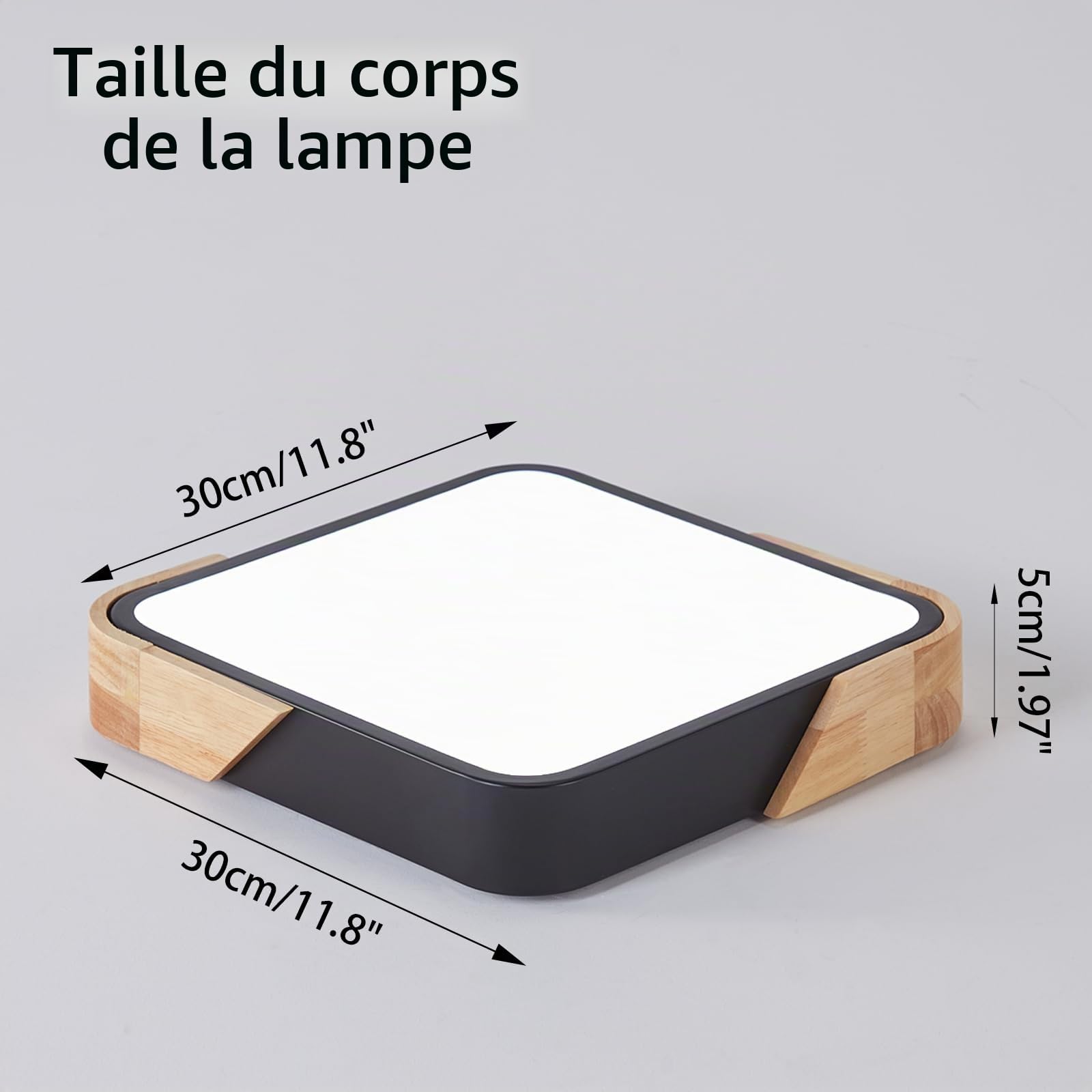 Plafonnier LED Carré Noir Bois 24W 6500K, 30 x 30 cm | Plafonnier moderne extra-plat, lumière blanc froid, pour cuisine, bureau, salon, chambre, couloir et salle à manger