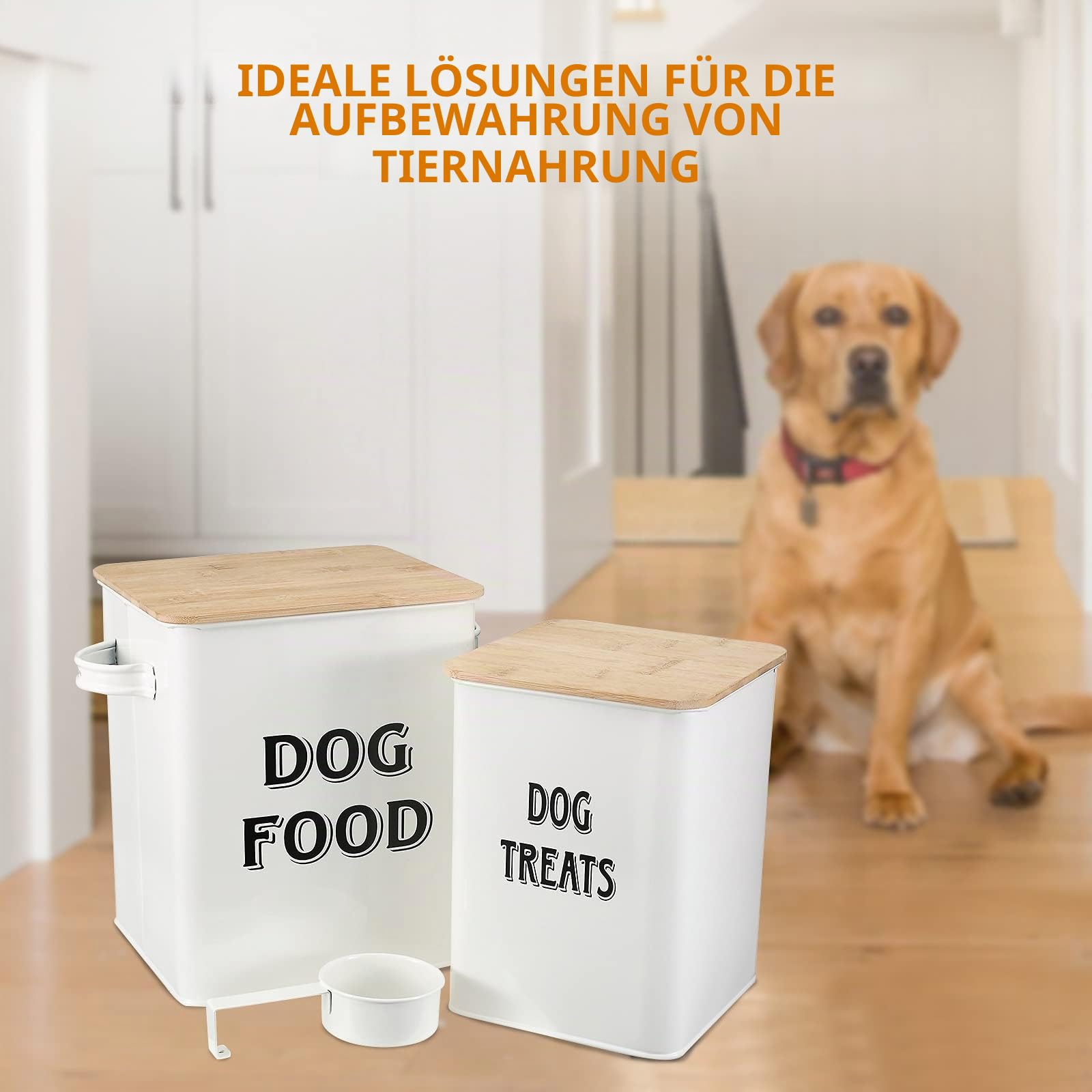 Morezi Tierfutterbehälter,hundefutter aufbewahrungsbox, Futterbox mit Schaufel und luftdichtem Holzdeckel, Aufbewahrung von Lebensmitteln und organisations-weiß
